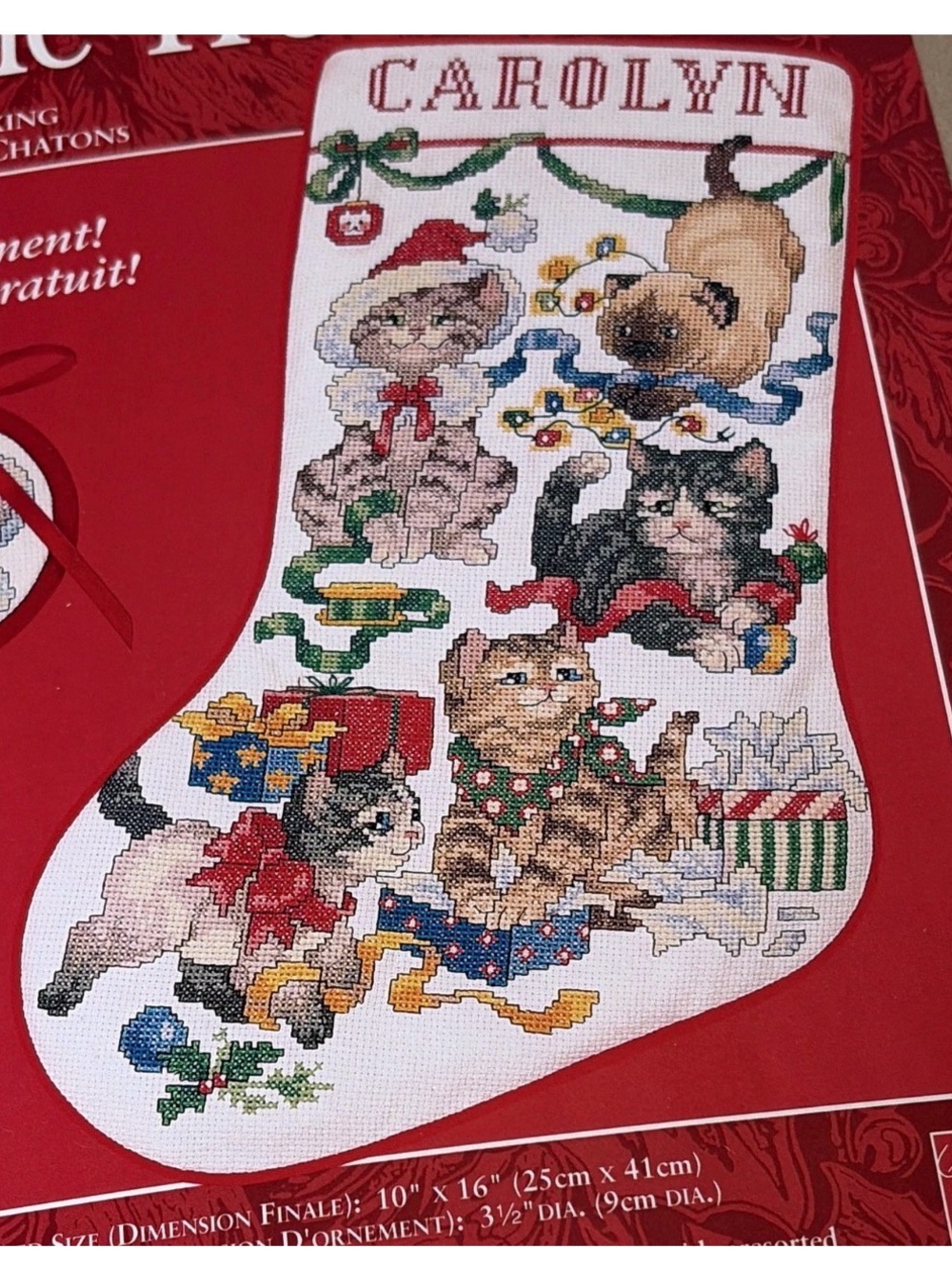Personalized White Cat Christmas Stocking Cross-Stitch Design Needle Treasures